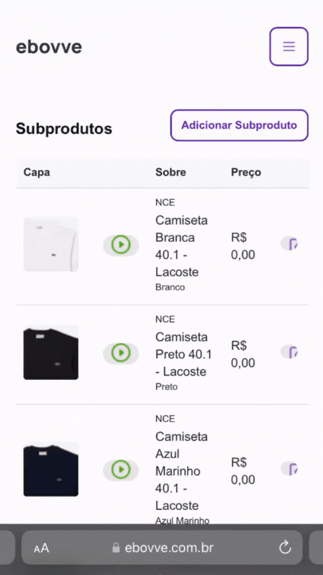 Controle de estoque de roupas por variações